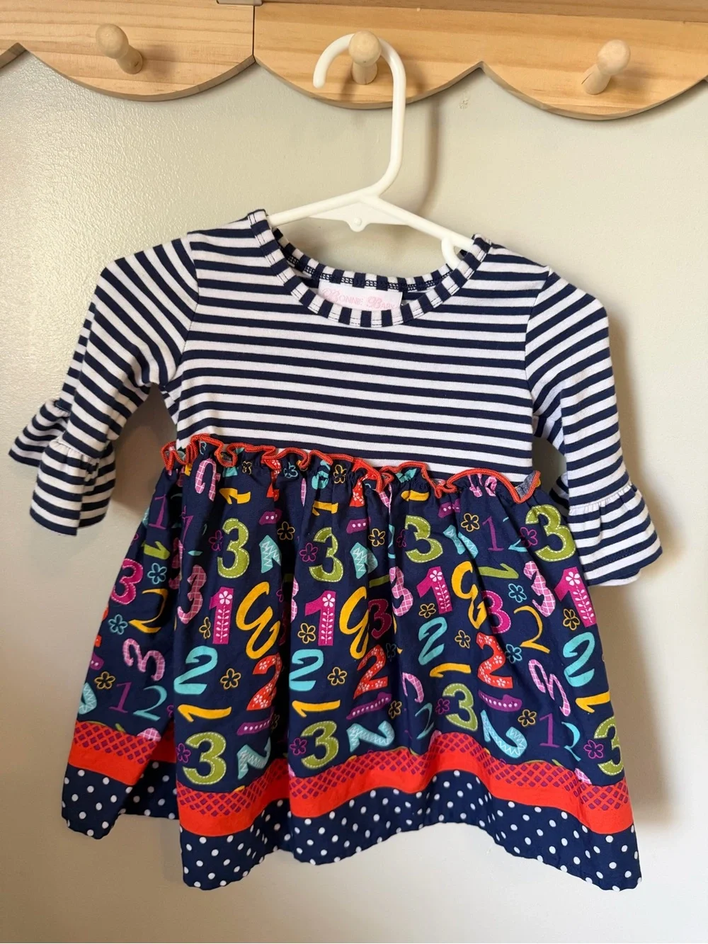 Bonnie Baby Girls 12M Navy White Stripe Number Dress Bell Sleeve Ruffle A-Line